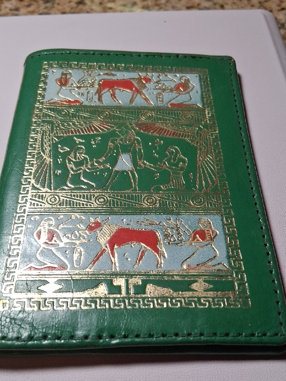 Hand Crafted Green Leather  Wallet with Gold and Red Egyptian Motif
